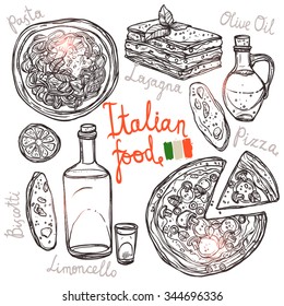 Pizza, Pasta, Lasagna, Olive Oil In Sketch Style. Italian Hand Drawn Food Collection