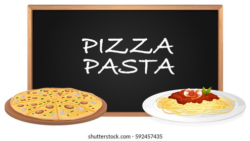 Pizza and pasta on the plates illustration