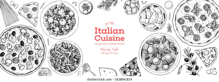 Pizza, pasta and ravioli cooking and ingredients for pizza, pasta and ravioli , sketch illustration. Italian cuisine frame. Food menu design elements. Pizza and pasta hand drawn frame. Italian food. 