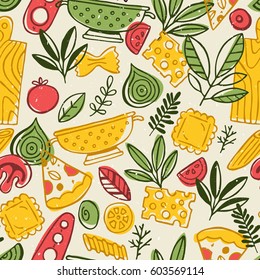 Pizza And Pasta Seamless Pattern. Fun Sketchy Food Background. Vector Illustration