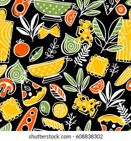 Pizza and pasta seamless pattern. Fun sketchy food background. Vector illustration