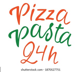 Icono vector de pizza y pasta. Abierto las 24 horas Plantilla moderna del logotipo de Pizzeria. Restaurante De Comida Italiana Emblem. Diseño de logotipo de café de comida rápida, ilustración vectorial. 