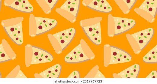 Fondo de patrón de pizza. Fondo de patrón de rebanadas de pizza. Patrón de pizza sin fisuras para el fondo de empaquetado del restaurante. Comida chatarra sin patrón.