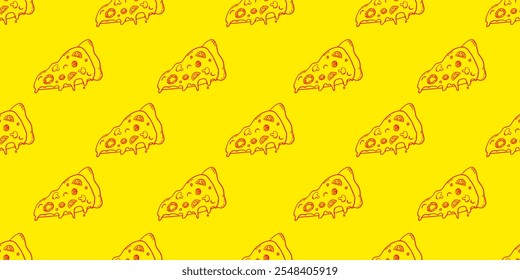 Fondo de patrón de pizza. Fondo de patrón de rebanadas de pizza. Patrón de pizza sin fisuras para el fondo de empaquetado del restaurante. Comida chatarra sin patrón.	