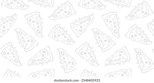 Fondo de patrón de pizza. Fondo de patrón de rebanadas de pizza. Patrón de pizza sin fisuras para el fondo de empaquetado del restaurante. Comida chatarra sin patrón.	