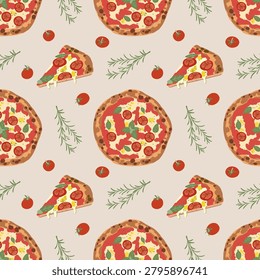 Pizza Pattern. Cherry Tomatoes Rosemary Cream Background
