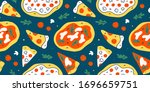 Pizza pattern, colorful doodle fast food background, vector texture, food illustration for pizzeria, restaurant or cafe, saucy italian pizza and pepperoni slices, modern cartoon drawing
