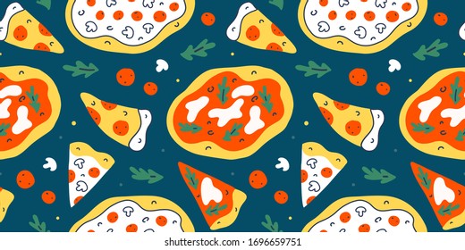 Pizza pattern, colorful doodle fast food background, vector texture, food illustration for pizzeria, restaurant or cafe, saucy italian pizza and pepperoni slices, modern cartoon drawing