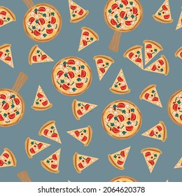 Pizza pattern, colorful doodle fast food background, vector texture, food illustration for pizzeria, restaurant or cafe, saucy italian pizza and pepperoni slices, modern cartoon drawing