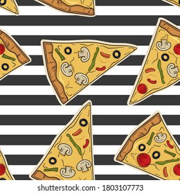 Patrón de pizza al estilo de las caricaturas cómicas con derrame cerebral sobre fondo rayado. Patrón de comida brillante para decoración textil o de cocina.