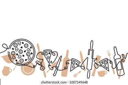  Pizza Pattern. Continuous Line Drawing.  Vector illustration.