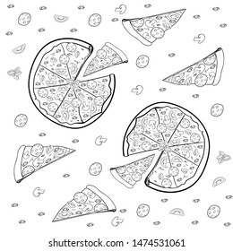pizza pattern drawn by hand in cartoon style. Slices of pizza with tomato, Basil, pepperoni sausage, mushrooms and olives. Vector illustration of black on white