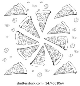 pizza pattern drawn by hand in cartoon style. Slices of pizza with tomato, Basil, pepperoni sausage, mushrooms and olives. Vector illustration of black on white