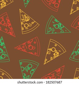 Pizza pattern. Flat color. Endless backdrop. Pizza slices, with classic ingredients. Cheese, pepper, olives, onion, mushrooms, sausage. Outline elements. Easy to edit. Vector illustration - EPS10