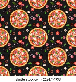 Pizza Pattern. Flat vector illustration. Pizzeria background. 
