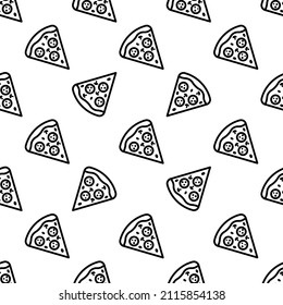 Pizzamuster mit handgezeichneten Symbolen Pizzaschnitte. Trendy Vektorgrafik Schwarz-Weiß Pizza Muster. Nahtlose, monochrome Pizzamuster für Gewebe, Web-Hintergründe, Wallpaper, Wickelpapier und Karten.
