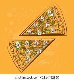 Pizzamuster Muster handgezeichnet Skizze Hintergrund mit Zutaten, Pizzeria Menü Konzept.