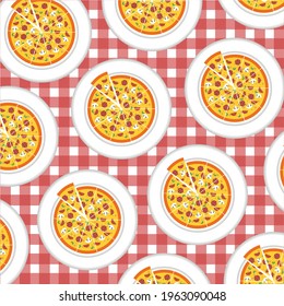 Pizza pattern illustration of delicious pizza. Top view of pizza. Tomato, greens, sausages or salami. Pizza food illustration isolated on white background