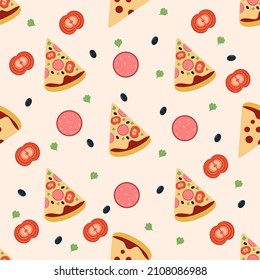 Pizza pattern with mushrooms and tomatoes on a light background. Vector isolated image for use in clipart or website design