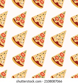 Pizza pattern with mushrooms and tomatoes on a light background.Vector isolated image for use in clipart or website design