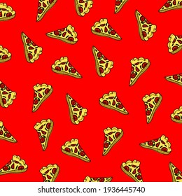 Pizza pattern on red background. Vector collection