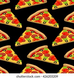 Pizza pattern. Piece of tasty pizza on black background. Texture of food. Ornament Italian food
