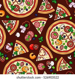 Pizza pattern with slices and ingredients on dark background. Vector illustration