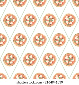 Pizza pattern. Traditional italian pizza from the oven on a pattern for napkins, textile, menu.