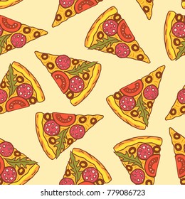 Pizza pattern. Vector color seamless pattern with hand drawn pizza slices. Isolated on light yellow background.