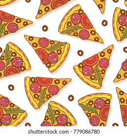 Pizza pattern. Vector color seamless pattern with hand drawn pizza slices. Isolated on white background.