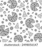 Pizza Pattern Vector. Hand Drawn Slices of Pizza, Leaves and Tomatoes. Black Line. Outline. Pizzeria.