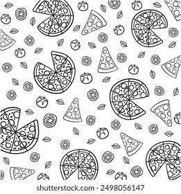 Pizza Pattern Vector. Hand Drawn Slices of Pizza, Leaves and Tomatoes. Black Line. Outline. Pizzeria.