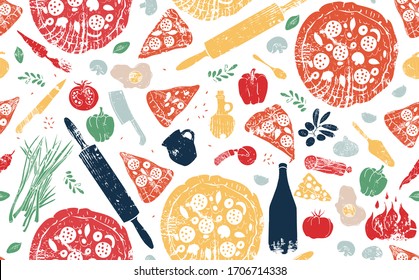 Pizza Pattern. Vector illustration.  Doodle style. Pizzeria background.