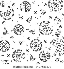 Pizza Pattern Vector. Slices of Pizza and Tomatoes Background. Pizzeria. Food Industry.