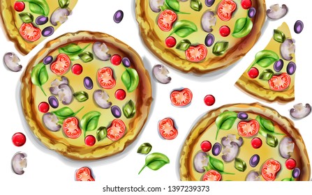 Pizza pattern vector watercolor. Delicious texture menu template