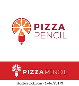 Pizza pencil logo design template. Pizza circles cut into 7 with one of them to form pencil. Good for your food business, education.