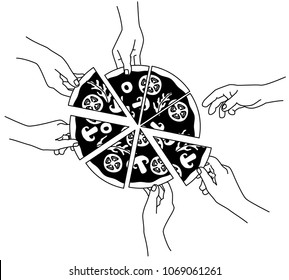 Pizza, people eating pizza, hands grabbing piece of pizza. Vector illustration, clip art, cartoon. Black and white, outline, lined drawing