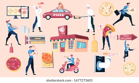 Pizza and people flat set pizzeria house chef making pizza courier and delivery transport isolated vector illustration