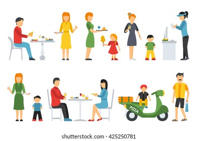 Pizza People in a interior flat icons set. Pizzeria conceptual web vector illustration.