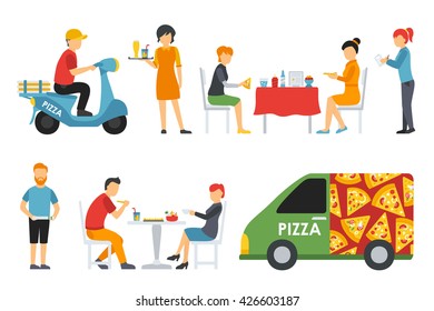 Pizza People in a interior flat icons set. Pizzeria conceptual web vector illustration.