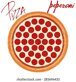 Pizza peperoni image on white background with handwritten caption. Vector illustration  eps 10