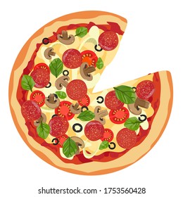 Pizza con peperoni, setas, tomates, cebollas y queso. Ilustración vectorial aislada en fondo blanco.