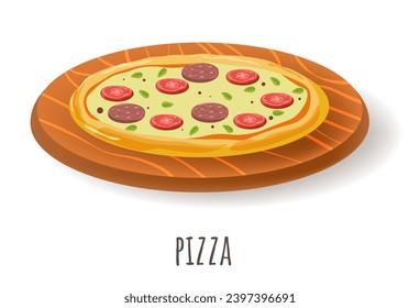 Pizza with pepperoni, basil leaves, tomatoes and cheese. Italian authentic recipe of food with dough, meat and vegetables. Dish for breakfast and dinner, restaurant assortment. Vector in flat style