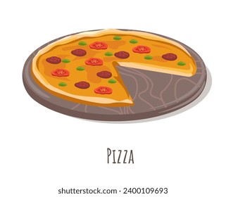 Pizza with pepperoni, basil leaves, tomatoes and cheese. Italian authentic recipe of food with dough, meat and vegetables. Dish for breakfast and dinner, restaurant assortment. Vector in flat style