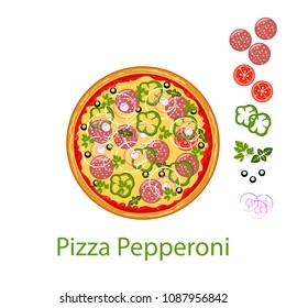 Pizza Pepperoni flat icon isolated on white background. Pizza food silhouette. Food menu illustration isolated. Vector design element