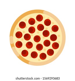 Pizza with pepperoni in flat style. Illustration with classic round pizza icon on white background for motion design, UI, computer game, animation and clothing design. View 3/4.