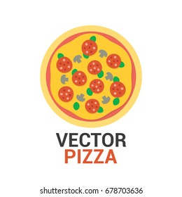 Pizza with Pepperoni, mushrooms and greenery isolated on white background. Vector illustration in flat design style