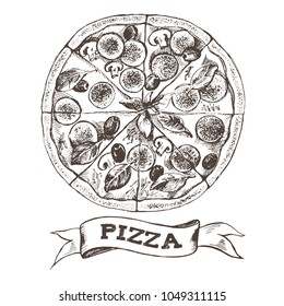 Pizza with pepperoni, olives and champignons. Italian cuisine. Ink hand drawn Vector illustration. Top view. Food element for menu design.