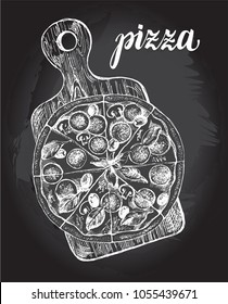 Pizza with pepperoni, olives and champignons on a wooden cutting board. Italian cuisine. Ink hand drawn Vector illustration. Top view. Food element for menu design.