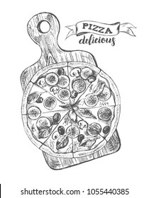 Pizza with pepperoni, olives and champignons on a wooden cutting board. Italian cuisine. Ink hand drawn Vector illustration. Top view. Food element for menu design.